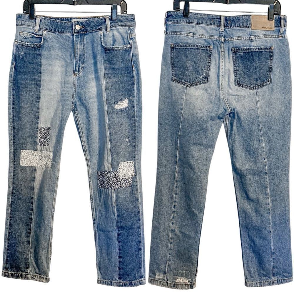 Free People Two Tone Patchwork Straight Leg Jeans